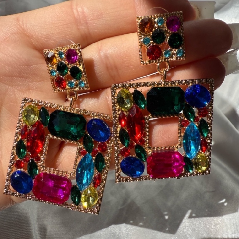 Gold and Colorful lux Gemstone Square Earrings unique